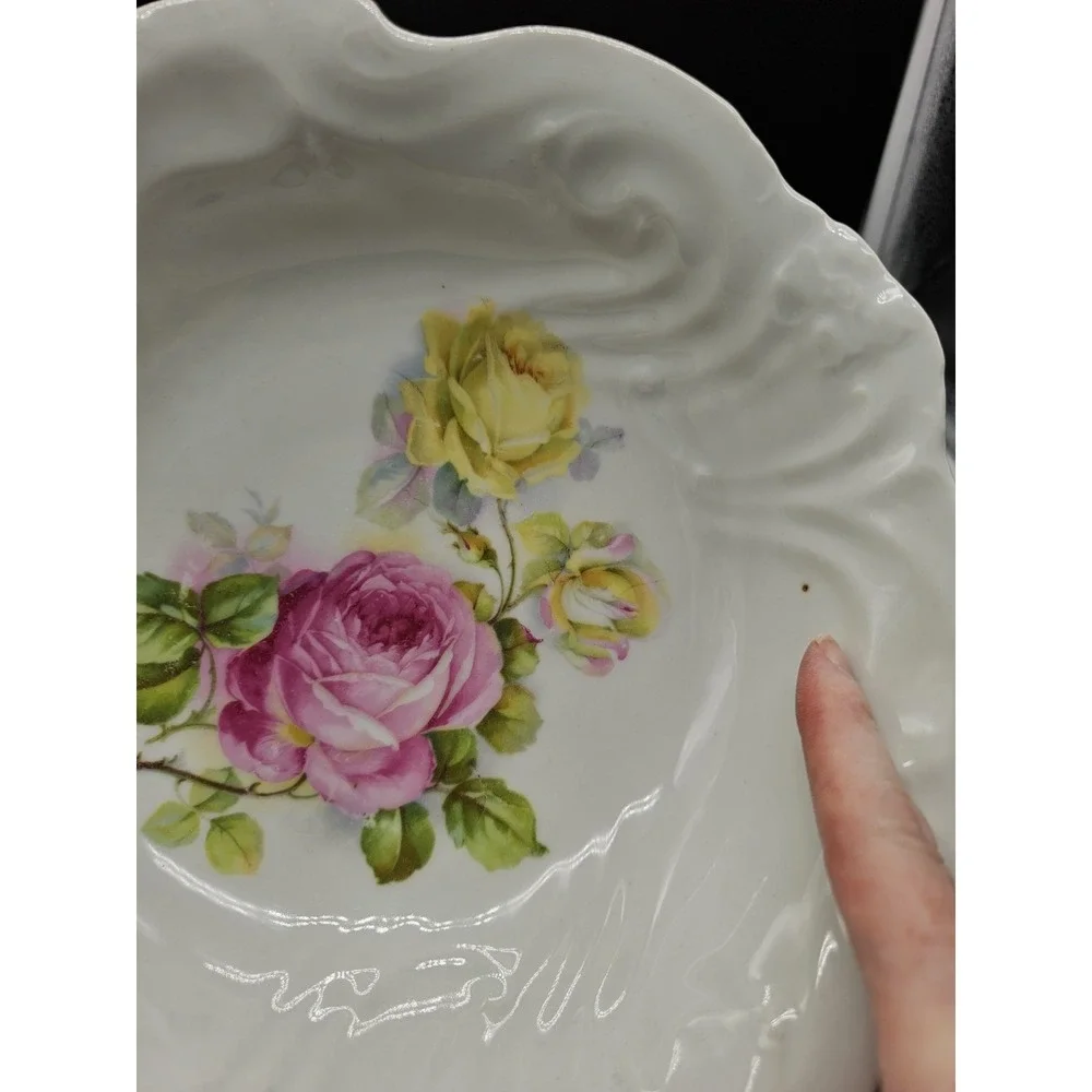 Vintage Orla Germany Porcelain Serving Bowl Pink Rose Scalloped Edge Early 1900s